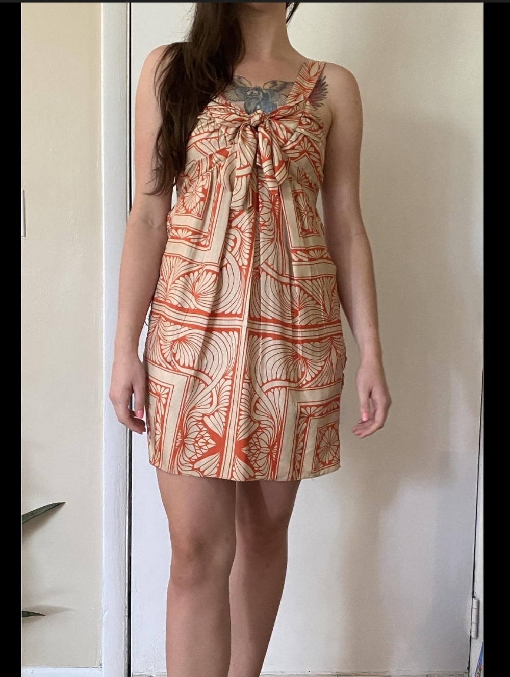 Hype X Anthropologie Coral and Cream Printed 100%Silk Mini Dress...size:8